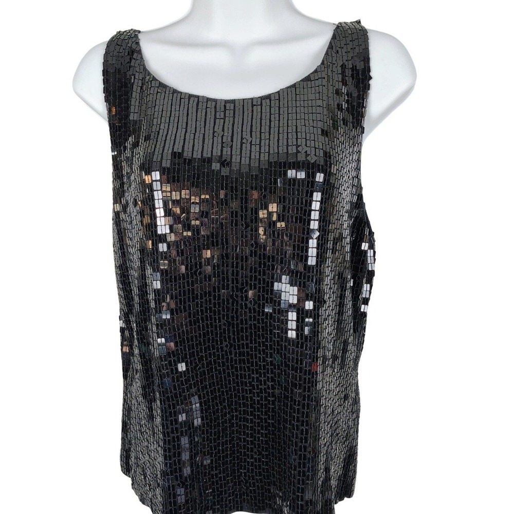 Ann Taylor Black Sequin Tank Top Sleeveless Scoop Neck Party Glam Shimmer